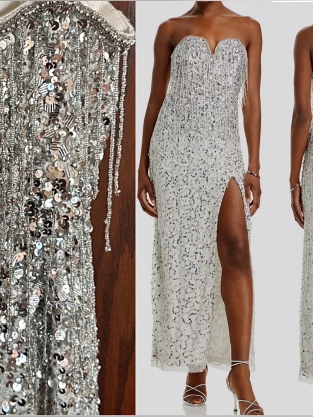 Liv Foster Women's Silver Metallic Beaded Sequins Strapless Gown Dress Size 8.